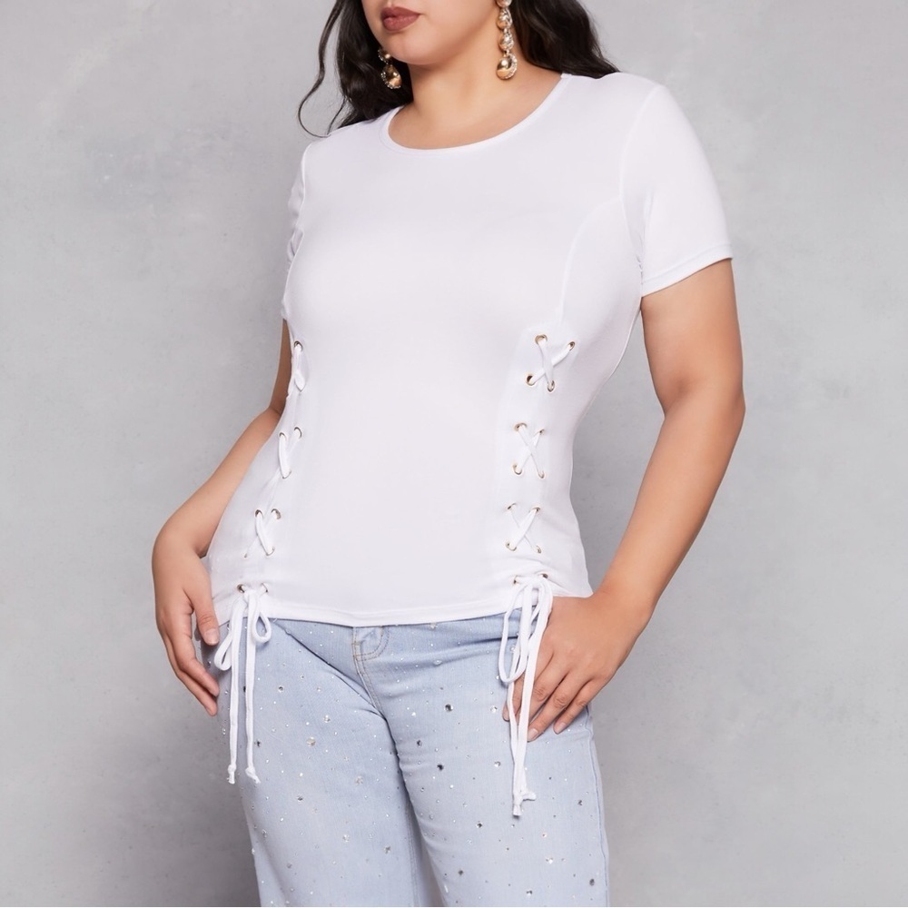 Plus Size, White Fitted Short Sleeve Tie Front T-Shirt, Size 4X